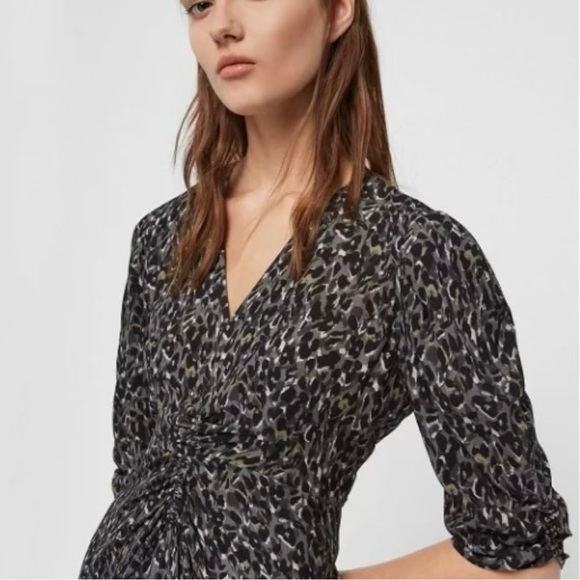 ALLSAINTS Josephine Waterleo Short Sleeve Ruched Leopard Print Mini Dress NEW - Picture 4 of 14